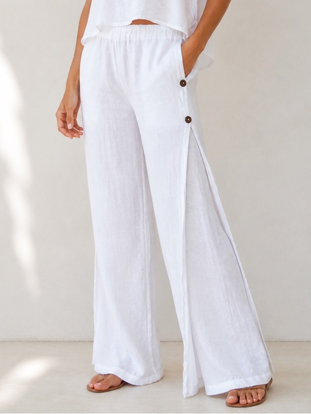 Gaja White Wide-Leg Button-Side Resort Lounge Pants Small